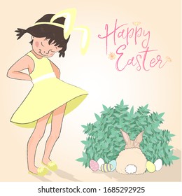 Beautiful invitation card with colorful happy easter girl for decorative design. Greeting card. Holiday celebration.
