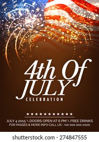 Beautiful invitation card decorated with fireworks on waving national flag background for 4th Of July, American Independence Day celebration.