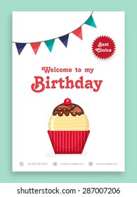 Beautiful invitation card design for Birthday Party celebration decorated with sweet cupcake and colorful buntings.