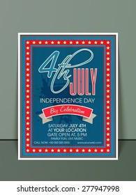 Beautiful invitation card design in blue and red color with date, time and place details for 4th of July, American Independence Day celebration.