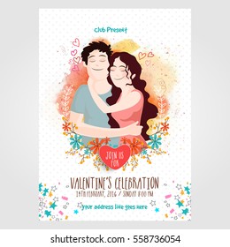 Beautiful invitation card design with cute couple for Happy Valentine's Day.