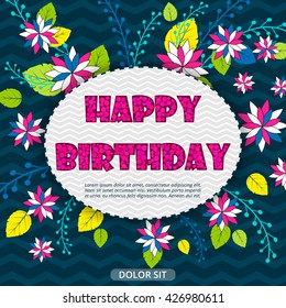 Beautiful invitation card design decorated with colorful flowers, leaves and branches for Birthday Party celebration.