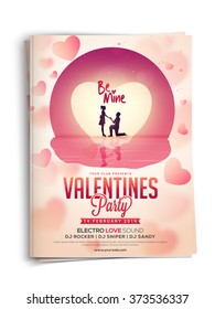 Beautiful Invitation Card design with illustration of cute couple in love on glossy hearts decorated background for Valentine's Day Party celebration.