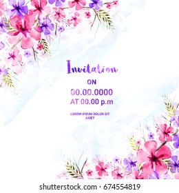 Beautiful Invitation Card design with pink and purple watercolor flowers for Birthday, Wedding, Save the Date, Anniversary and other occasions.