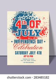 Beautiful invitation card with national color splash for 4th of July, American Independence Day party celebration.