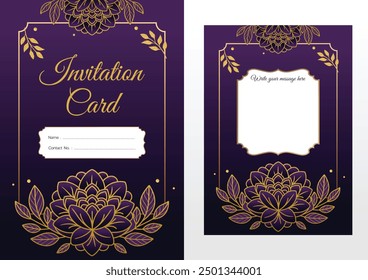 Beautiful invitation card template design, High quality print ready editable vector file, wedding invitation, birthday invitation card, function and celebration gold and purple colour theme creatives