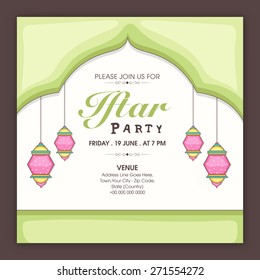 Beautiful invitation card with time, date and place details for holy month of muslim community, Ramadan Kareem celebration.