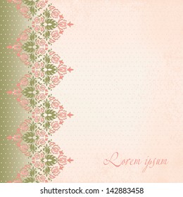 Beautiful invitation card with vintage floral elements on grunge textured paper. Seamless vintage floral oriental border. Vector illustration.