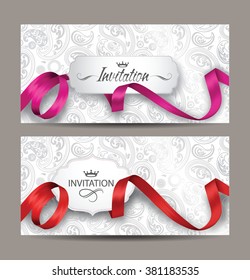 Beautiful invitation cards with red and pink silk ribbons and floral background