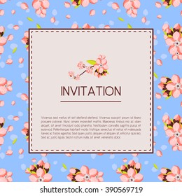 Beautiful invitation or greeting card template with pink almond flowers