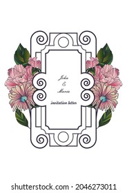 Beautiful invitation template in art nouveau style. Spring watercolor flowers, framed by a frame with flourishes. Perfect for wedding invitations, celebrations, parties, gala receptions. EPS10
