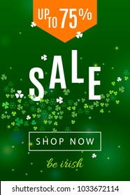 Beautiful ireland background for st. Patrick's day sale poster or web banner design. Vector discount vertical illustration with clover leaves and white shamrocks silhouette on green backdrop.
