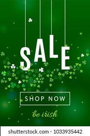 Beautiful ireland background for st. Patrick's day sale poster or web banner design. Vector discount vertical illustration with clover leaves and white shamrocks silhouette on green backdrop