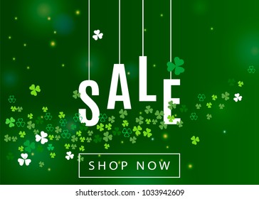 Beautiful ireland background for st. Patrick's day sale poster or banner design. Vector horizontal illustration with clover leaves and white shamrocks silhouette on green backdrop