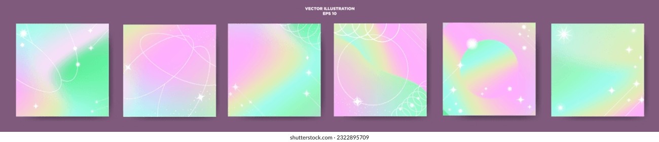 Beautiful Iridescent Pastel Gradient Poster Sets with geometric element design Small geometric shapes, circles, stars, diamonds, rings, spots. Editable Vector Illustration. EPS 10.