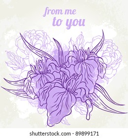 Beautiful  iris  bouquet design on beige background. Hand drawn vector illustration.