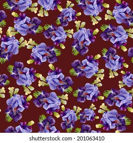 Beautiful iris seamless pattern on dark red background vector