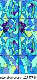 Beautiful irises seamless pattern in bright violet and turquoise. Stained glass or tile style that can be used as a background, textile print, backdrop, poster, wrapping etc. Vector illustration.