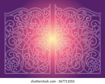 Beautiful iron ornament gates on purple pink background