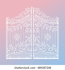 Beautiful iron ornament gates on 2016 year color mix (rose quartz and serenity) gradient background