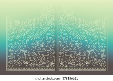 Beautiful iron ornament outline gates on trendy gradient background