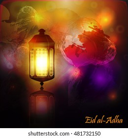 Beautiful islamic, arabic  lantern for Muslim Community festival. Arabic lamp on bright colorful background. Eid Mubarak design for greeting card, banner, invitation, flyer. Vector illustration. 