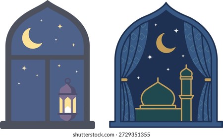 Belas janelas em arco islâmico retratam uma noite de ramadã serena com uma lua e mesquita.