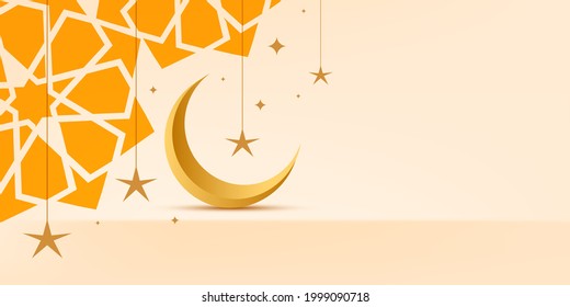 Beautiful islamic banner design template with moon and star geometric shapes background. Greeting card. Vector