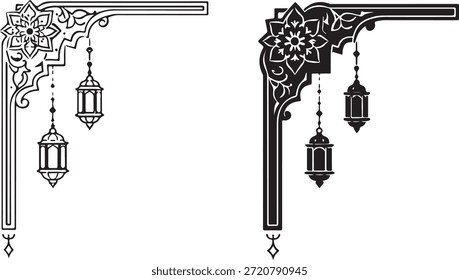 Design de canto islâmico bonito com lanternas suspensas isoladas no fundo branco, vetor, ilustração