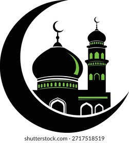 Un hermoso diseño islámico presenta una llamativa silueta negra de una mezquita y una luna creciente.