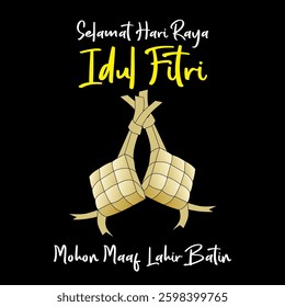 Beautiful Islamic Eid Mubarak greeting card design with square design on black, "ketupat" icon illustration. Design suitable for social media. Text meaning is happy eid. Vector illustrations.