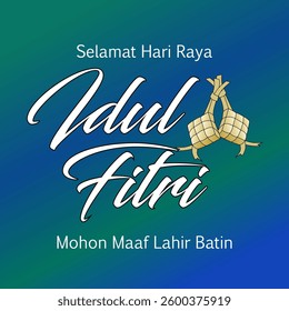 Beautiful Islamic Eid Mubarak greeting card design with square design, "ketupat" icon illustration. Design suitable for social media, status, wallpaper . Text meaning is happy eid. Vector illustration