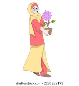 beautiful islamic girl is happy carrying a beautiful rose. vector design illustration art