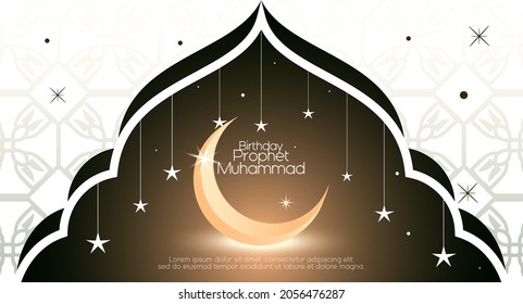 Beautiful islamic greeting card design template with moon for celebration of Birth Prophet. Eps 10 Vector