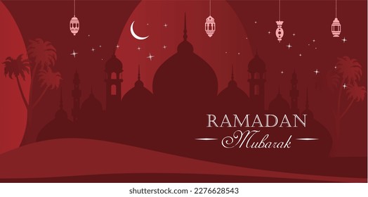 
Beautiful Islamic greetings ramadan card design background with silhouette mosque and lanterns.Vector Illustration. Suitable for greeting card, poster,  flyer, banner.  Place for Text
