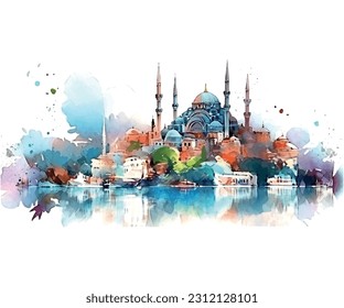 Hermosa ilustración islámica con coloridas vistas de fondo blanco color agua estambul.