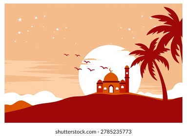 A beautiful Islamic landscape background vector illustration for Ramadan Kareem and Eid Mubarak. Featuring a silhouette of a mosque on a hill, tropical palm trees, and birds flying against a backdrop of a giant shining sun, a starry night sky, and fluffy white clouds with empty space for text, this illustration creates the perfect template for Ramadan Kareem and Eid Mubarak greeting cards, posters, or social media banners.