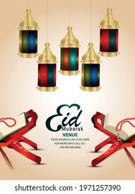 Beautiful islamic lantern and holy book quraan on creative background