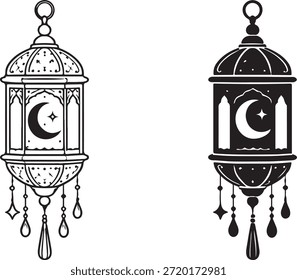 Hermosas linternas islámicas con luna creciente y estrellas aisladas sobre fondo blanco, Vector, ilustración