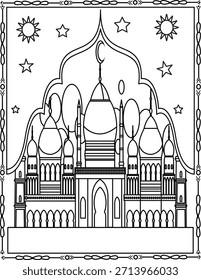 Hermosa página para colorear de la mezquita islámica para niños y adultos.