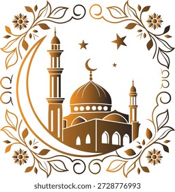 Bela mesquita islâmica com lua crescente e fronteira floral, ideal para as celebrações do Ramadã, Eid e Islã, simbolizando fé e tradição