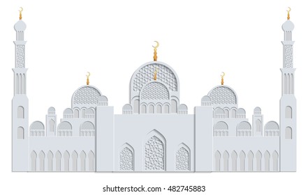 Beautiful islamic mosque drawn in gray and gold and isolated on white background. Greeting card template for Ramadan, Eid al Fitr-festival of breaking of the fast, Eid al-Adha-festival of sacrifice