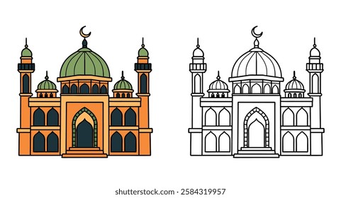 Beautiful Islamic Mosque with Minarets in Color and Black and White for Ramadan Coloring Books