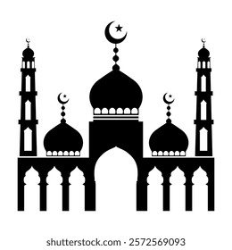 Beautiful Islamic mosque silhouette featuring domes, minarets, and crescent moons, representing religious and cultural heritage.