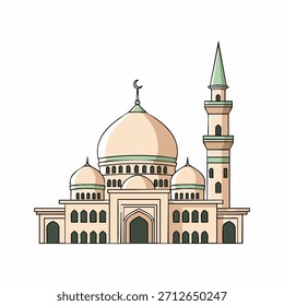 Beautiful Islamic Mosque Vector Illustration with Dome and Minaret, Islamic Architecture Design for Ramadan, Eid, or Religious Background Decoration.