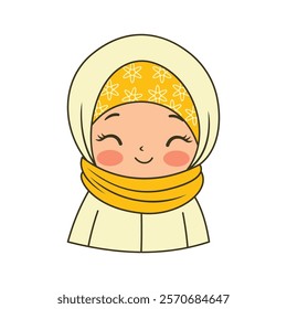 Beautiful Islamic Muslim Girl Cartoon Character Wearing Yellow Hijab While Smiling
