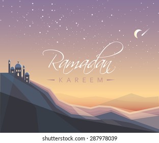 beautiful islamic Ramadan Kareem festival greeting card vector illustration with mosque under the moonlight sky filled with stars