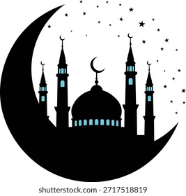 Una hermosa escena islámica con una luna creciente y una mezquita en un estilo de silueta audaz.