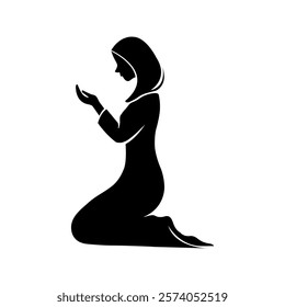 Beautiful Islamic silhouette illustration of a praying woman kneeling, representing faith, devotion, and cultural spirituality.