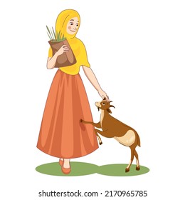 Beautiful Islamic Young Woman Holding Paper Bag Of Grass And Goat Animal On White Background.